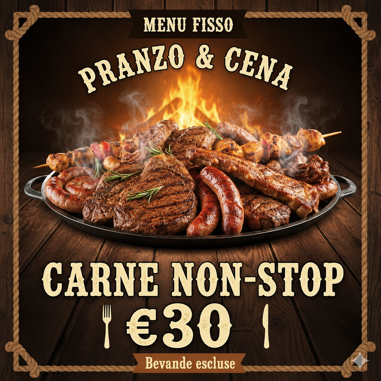 Locandina menu fisso Carne non-stop 30 euro, pranzo e cena